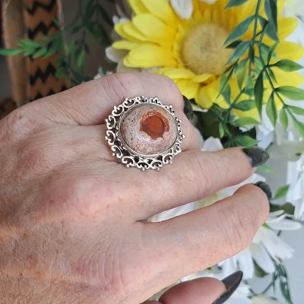 Fire Opal Matrix Large Solitaire Ring In 925 Sterling Silver.